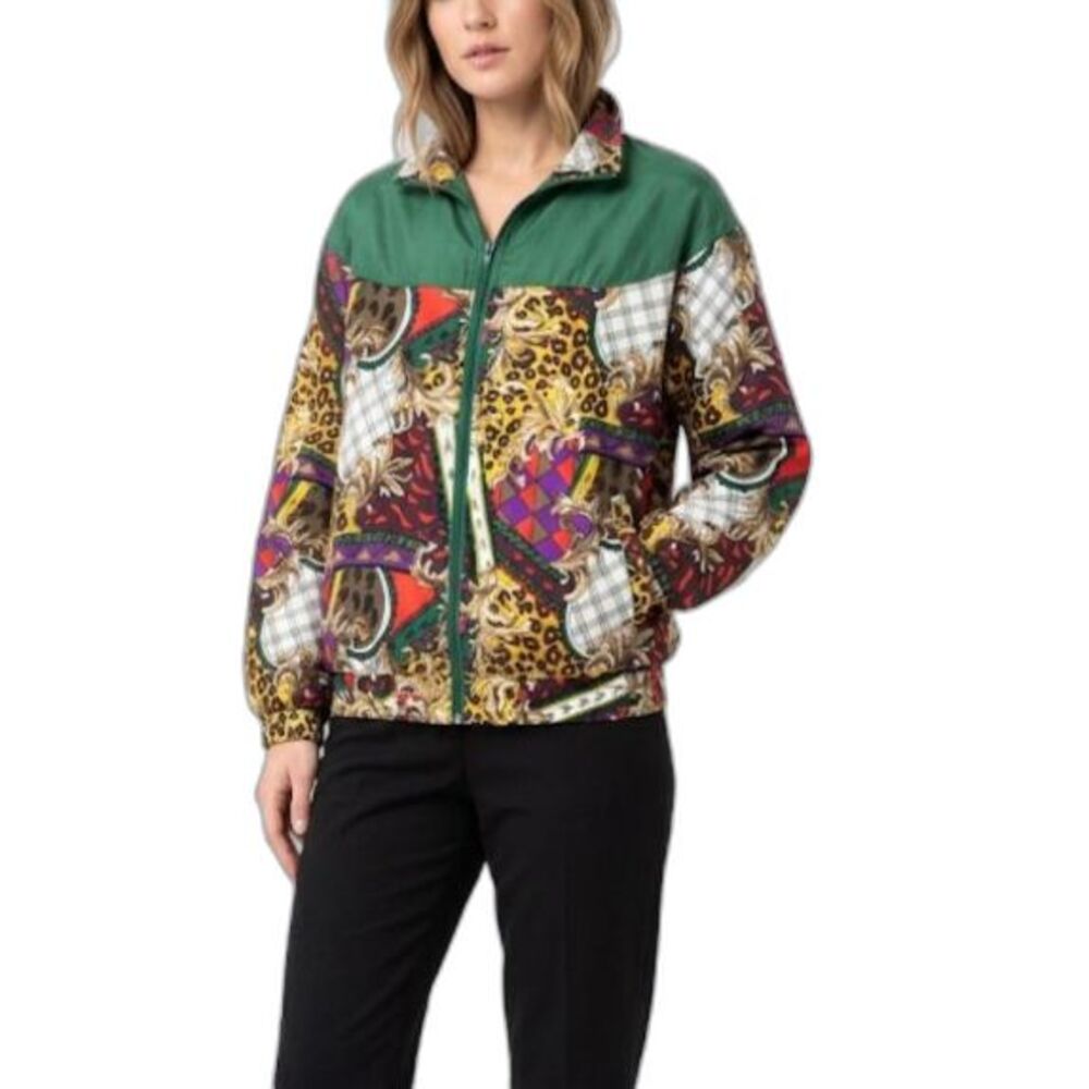 Marcella Green Multicolor Scarf Print Washable Silk VTG 80s Track Jacket Size M